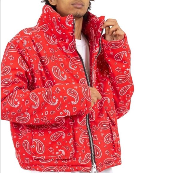 MNML Paisley Cropped Puffer Jacket Red Men’s Size Medium Full Zip - Picture 1 of 8